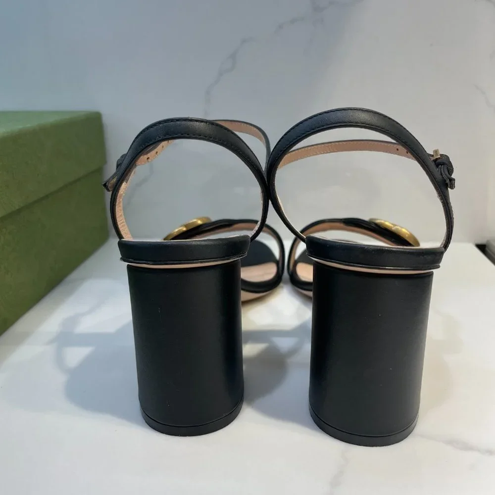 GUCCI - GG Marmont Leather Block Heel Sandal Black size 37 - US size 7 - Picture 2 of 8